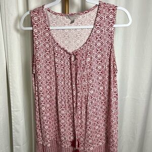 Red & White Tie Front Tank Top with Geometric Pattern